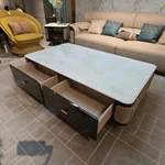 White Marble-Top Coffee Table with Cream Woven Leather Sides and Dark Glossy Frame